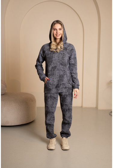 Теплый графитовый костюм с капюшоном на флисе, 7031