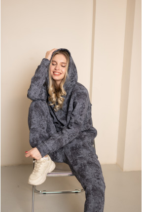 Теплый графитовый костюм с капюшоном на флисе, 7031