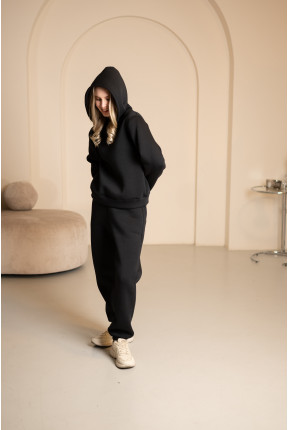 Теплий костюм чорний, тринитка з манжетами і капюшоном на флісі, 7037