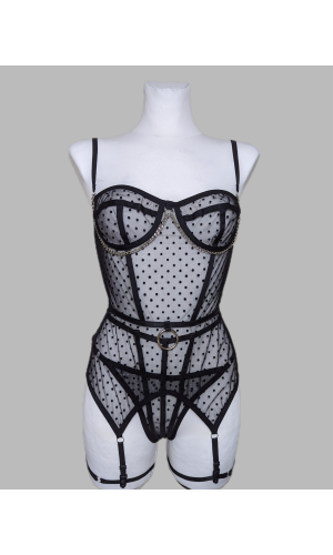 Корсет білизна чорний жіночий з'єднаний з гартером з еластичних бретель полупрозорий у горошок 2143